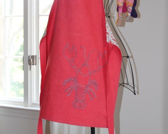 Children's Linen Apron, Pink Linen, Lobster Hand Embroidery, Size Large, Reversible Apron, Kitchen Apron, Art Apron