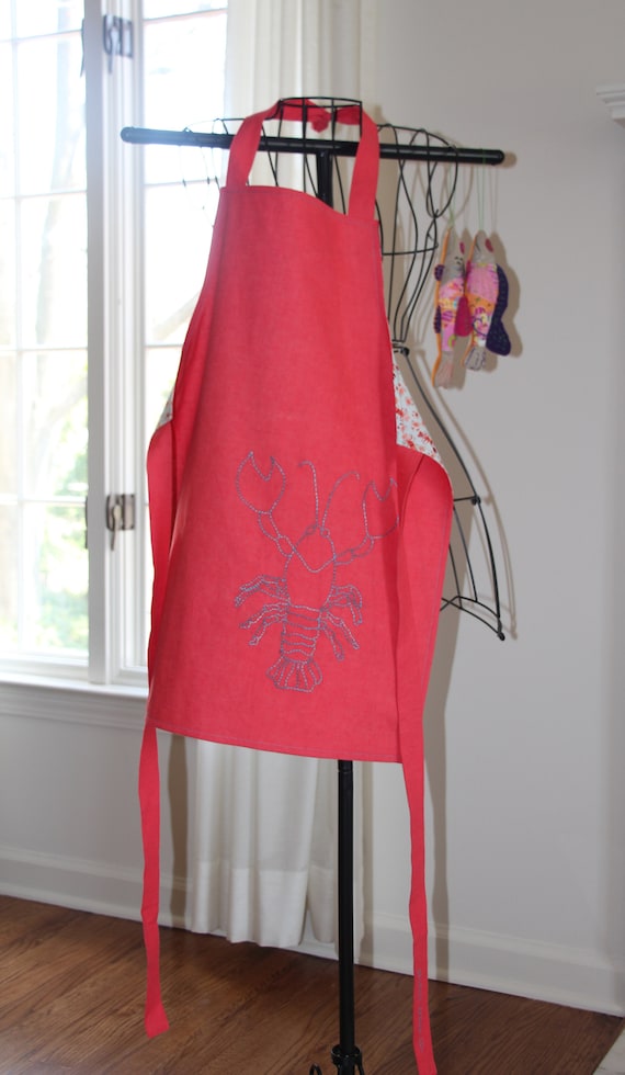 Children's Linen Apron, Pink Linen, Lobster Hand Embroidery, Size Large, Reversible Apron, Kitchen Apron, Art Apron