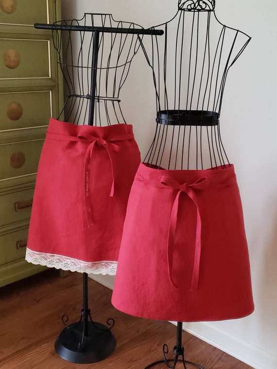 Valentine's Day Apron, Red linen half apron, mid-length with finished hem or with lace hem