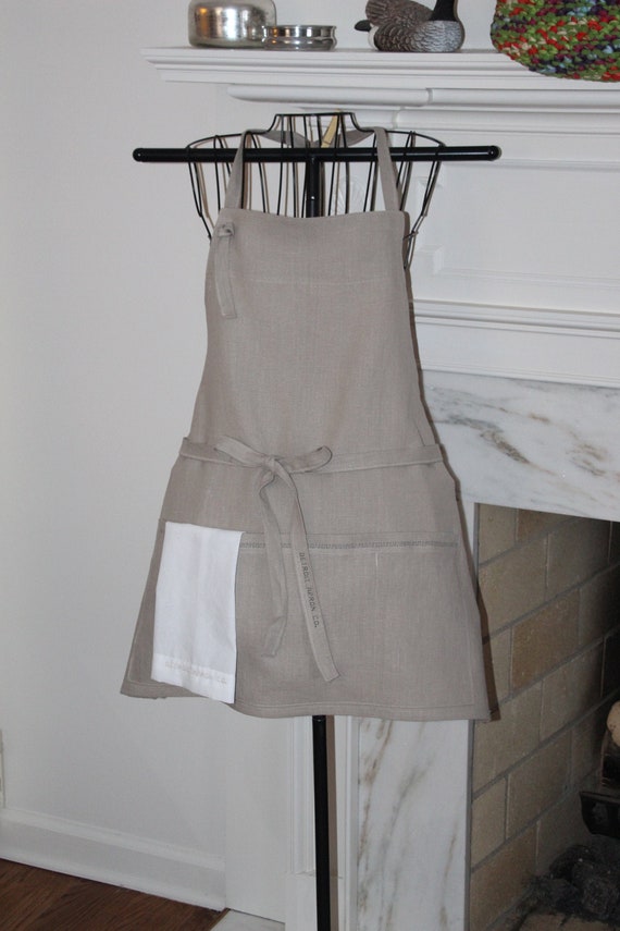 Full Linen Apron, beige, short length with pockets