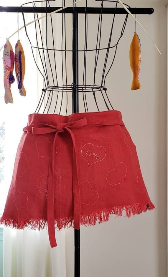 Valentine's Apron, Red Linen Half Apron, short length with hand embroidered hearts
