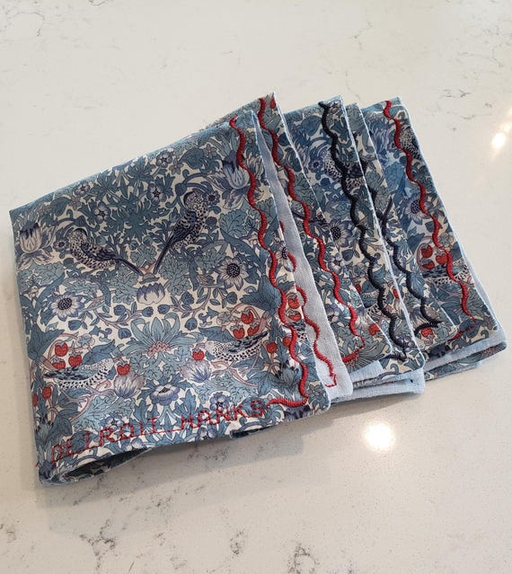 Detroit Hanks, 1 Handkerchief with Liberty of London cotton and light blue linen, 10 x 10 inches