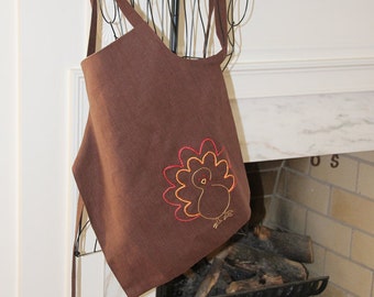 Linen Apron,  Thanksgiving Kid's Apron, Brown Linen, Size Medium, Reversible Apron, Hand Embroidered Turkey, Handmade