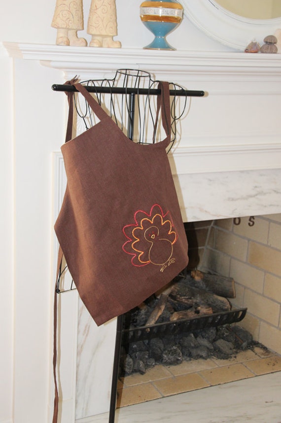 Linen Apron,  Thanksgiving Kid's Apron, Brown Linen, Size Medium, Reversible Apron, Hand Embroidered Turkey, Handmade