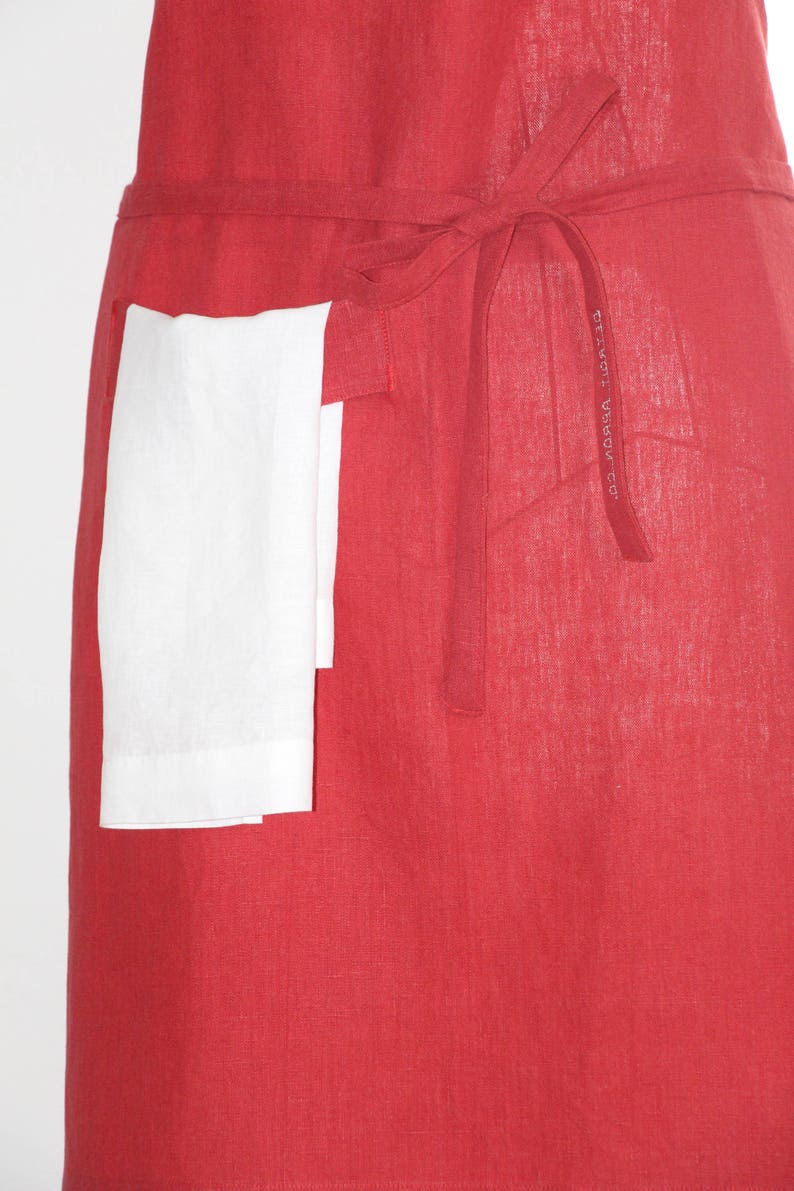 Red Linen Apron with Hand Towel, Mid-Length image 4