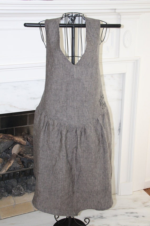 Women's Vintage Inspired Apron, Black Linen with hand embroidered fish