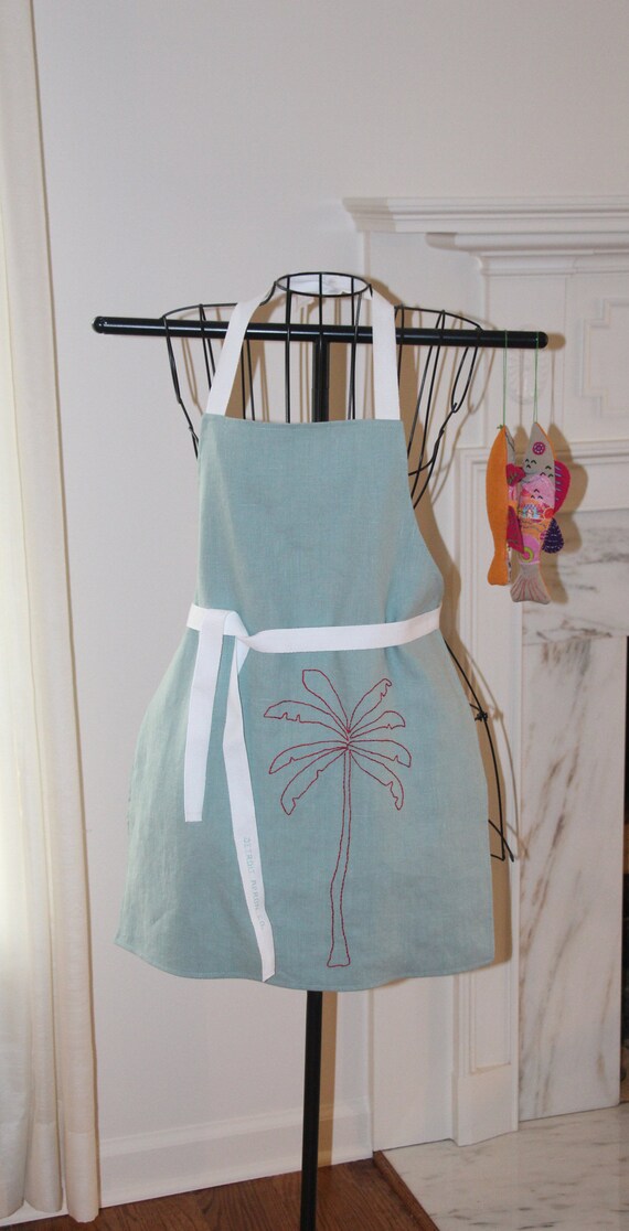 Children's Apron, Blue Linen, Childrens Linen Apron, Palm Tree Hand Embroidery, Reversible Apron, Bib Apron for Kids, Size Large