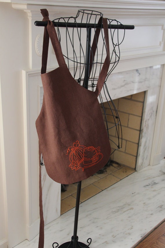 Thanksgiving Apron, Children's Brown Linen Apron, Small, Reversible Apron for kids, Handmade, Thanksgiving Embroidery