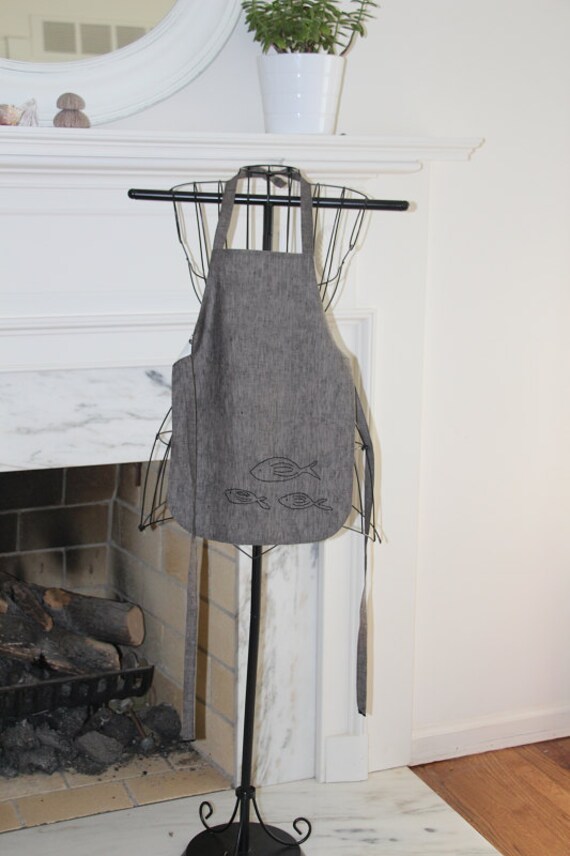 Children's Apron, Black Linen, Size Small, Reversible, Handmade, Ocean Theme, Toddler Apron, Art Apron, Kitchen Apron, Kid's Linen Apron