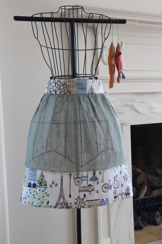 Ladies' Half Apron, 100% Open Weave Linen, Vintage Inspired, Turquoise, Paris Streetscape