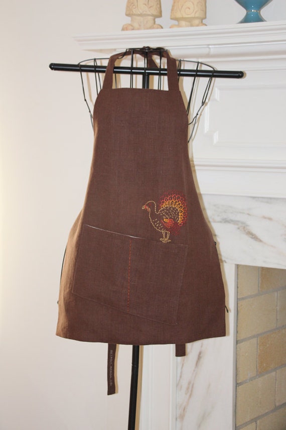 Children's Thanksgiving Apron, Brown Linen, Size Large, Reversible Apron, Hand Embroidered Turkey, Kids Cooking Apron