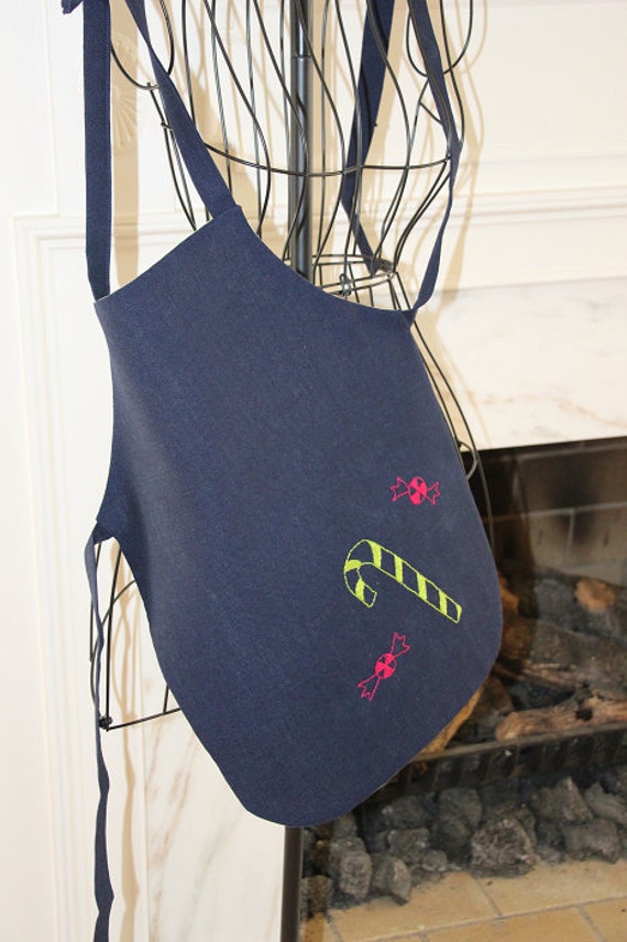 Child’s Christmas Apron, Size Small, Navy Linen Apron, Candy Cane Embroidery, Reversible Apron, Linen Apron for Kids,
