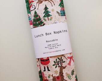 Lunch box napkins, Santa and Reindeer, Set of 2, 10 x 10 inches