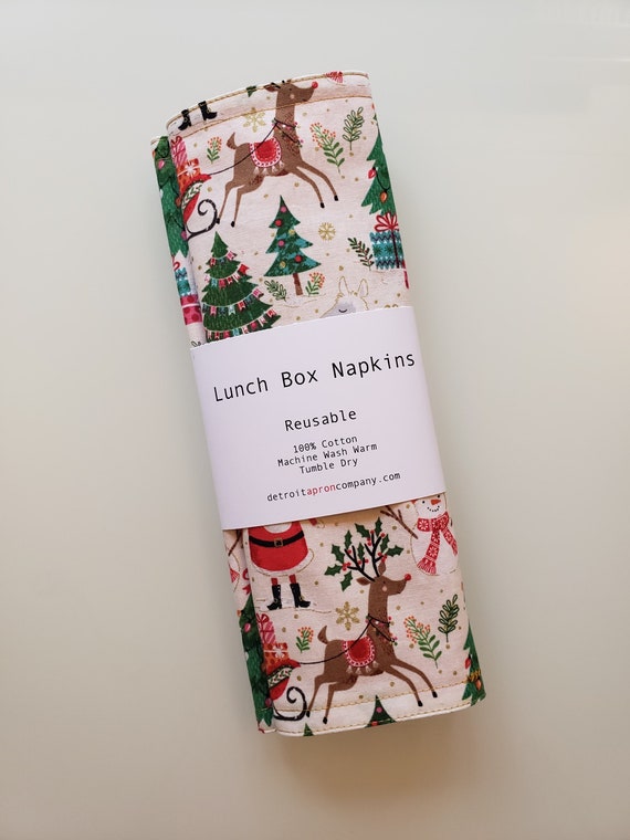 Lunch box napkins, Santa and Reindeer, Set of 2, 10 x 10 inches