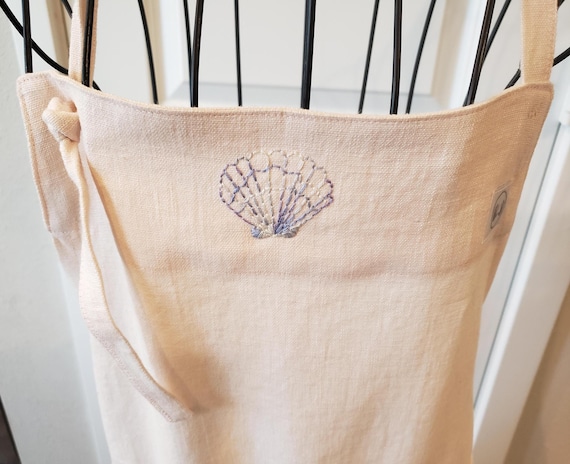 Linen Apron, Medium length with hand towel tab and cell phone pocket, Shell embroidery