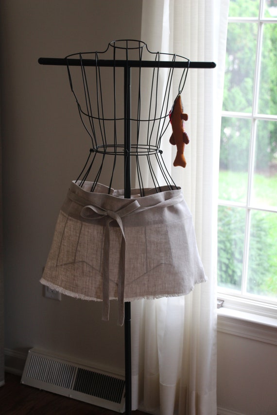 Beige Linen Half Apron, short length with natural fringed hem