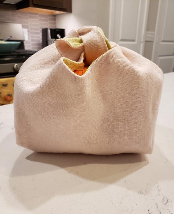 Bento Bag, reversible, in pink linen and green floral cotton print