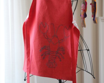 Children's Apron, Linen Apron, Size Medium, Lobster Hand Embroidery, Reversible Apron, Pink Linen, Kitchen Apron, Art Apron