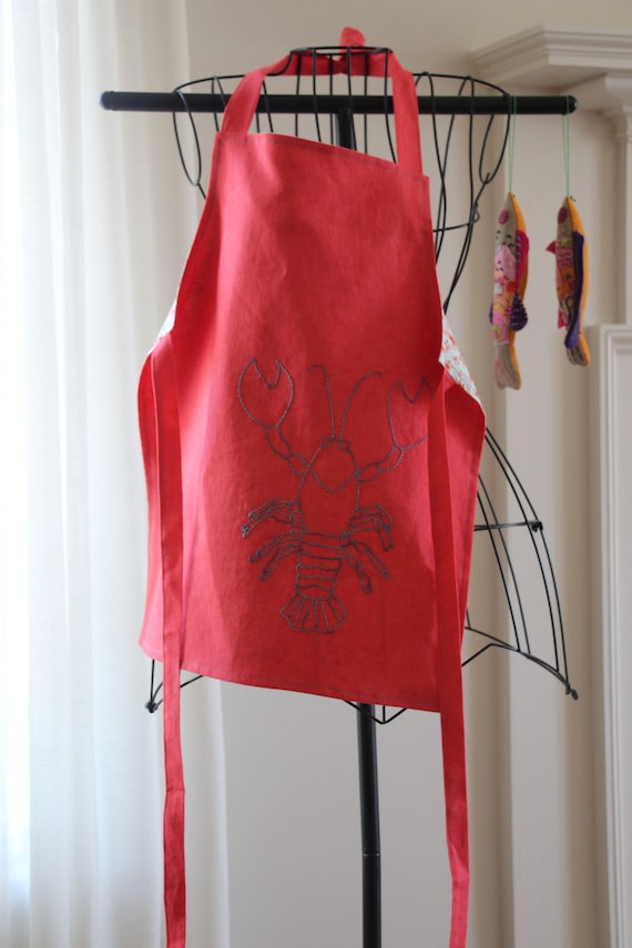 Children's Apron, Linen Apron, Size Medium, Lobster Hand Embroidery, Reversible Apron, Pink Linen, Kitchen Apron, Art Apron