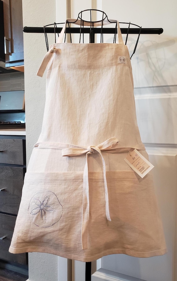 Pink Linen Apron, Short, Pockets, Sand Dollar Embroidery
