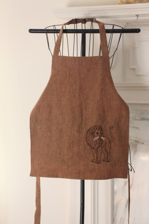 Children's Apron, Medium, Brown Linen, Reversible, Hand Embroidered Safari Lion