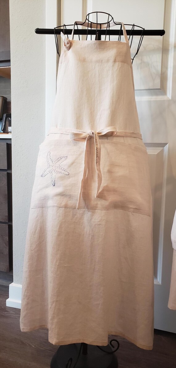 Linen Apron, Long, Pockets, Starfish embroidery