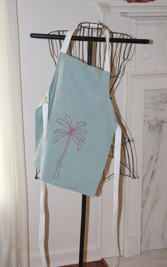 Childrens Linen Apron, Blue Linen, Palm Tree Hand Embroidery, Reversible Apron, Kids Bib Apron, Size Medium