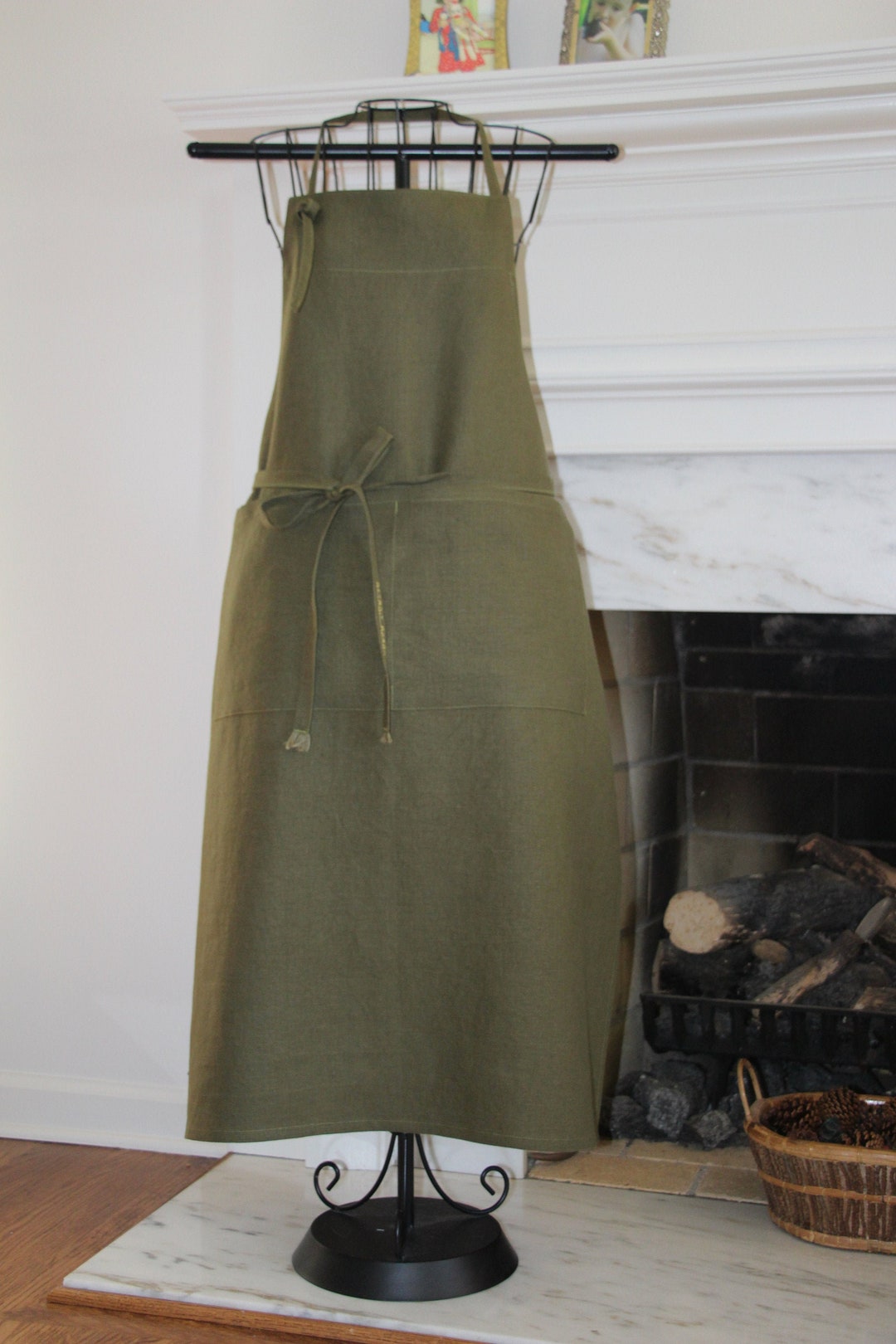 Olive Green Linen Apron With Pockets, Long Etsy