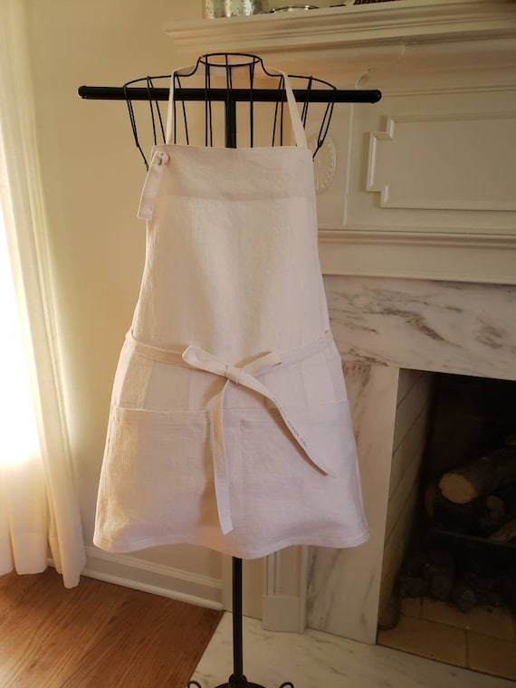 Pink Linen Apron, Short with pockets,