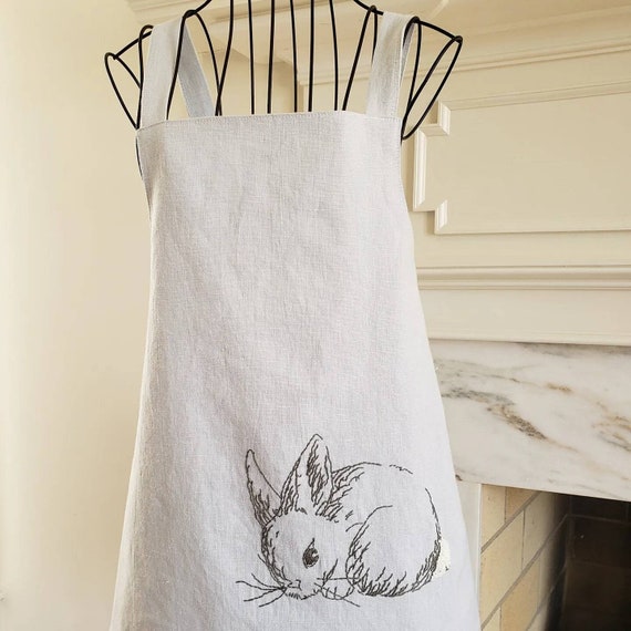 Children's Linen Easter Apron, Medium, hand embroidered bunny, reversible