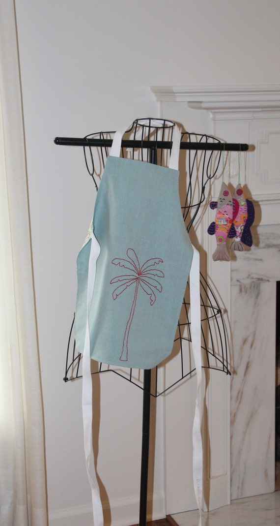 Children's Linen Apron, Blue Linen, Palm Tree Hand Embroidery, Toddler Apron, Reversible Apron, Size Small