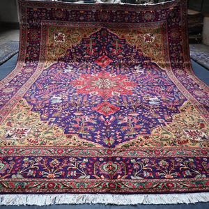 10x13 Large Blue Antique Rug/ Hand Knotted Oriental Rug/ Pictorial Afghan Tribal Rug/ Vintage Caucasian Turkish Heriz Rug, Living Room Rug