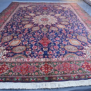 10x13 Fine Hand Knotted Vintage Turkish Rug, Oversized Blue Caucasian Heriz High Pile Medallion Rug, Large Oriental Rug 10x13 Antique Carpet