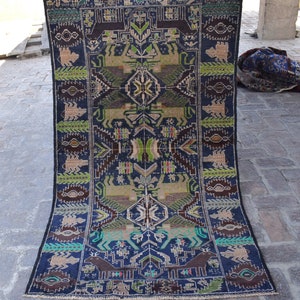 Antique Pictorial Rug 3&#39;6x6&#39;3 ft Blue Hand Knotted Baluch Wool Carpet/ 1950s Vintage Oriental Afghan Rug/ Animal Hunting Rug 4x6 Tribal Rug