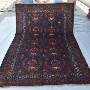 Tappeto afgano antico 7x10/Tappeto orientale turkmeno vintage blu navy/Tappeto Baluch con piante e pitture/Tappeto tribale annodato a mano/Tappeto di lana/Tappeto da camera da letto