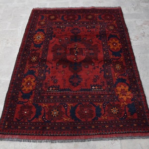 3&#39;5 x 5&#39;2 Ft, Stunning handmade vintage afghan turkmen khal muhammadi rug, Best small red rug, Afghan rug, Vintage rug, Oushak rug, 3x5 rug