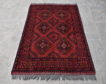 Vintage Handmade Afghan Turkmen Rug, Small Red Wool Rug (3'2 x 5 Feet)