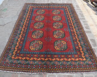 5x8 Hand Knotted Wool Afghan Rug, Red Oriental Design Carpet