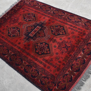 3&#39;7 x 5&#39;3 Ft, Stunning vintage handmade afghan turkmen khal muhammadi rug, Best small red rug, Afghan rug, Vintage rug, Oushak rug, 3x5 rug