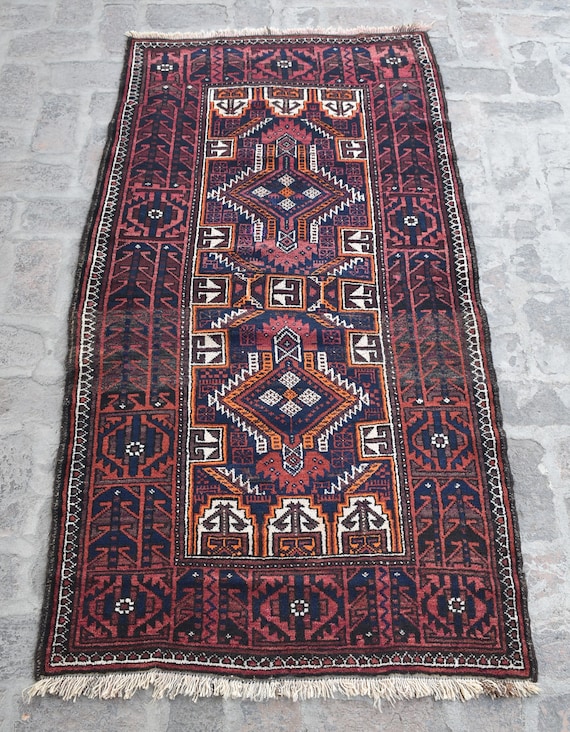 3x6 Hand Knotted Wool Baluch Rug, Vintage Afghan Tribal Rug - Etsy