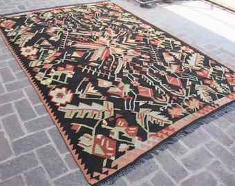 7x10 Handmade Vintage Caucasian Kilim Rug, Geometric Wool Area Rug