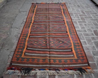 Vintage Afghan Kilim Rug, Handwoven Wool Qalaino Rug, 4'3 x 9'7 ft