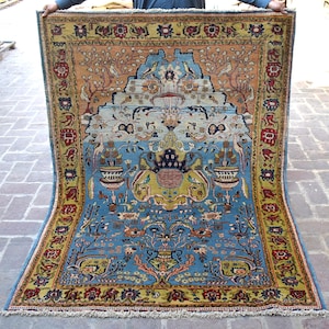 1900s Antique 5 x 7 COLLECTOR&#39;S PIECE Caucasian Tree of Life Pictorial Rug/ Blue Green Hand-Knotted Rug/ Oriental Rug/ Vintage Rug/ Area Rug