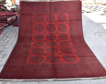 7x9 Ersari Bukhara Rug/ Fine Vintage Afghan Turkmen Hand Knotted Wool Rug/ Red Oriental Rug/ Elephant Foot Rug for Living Room/ Bedroom Rug