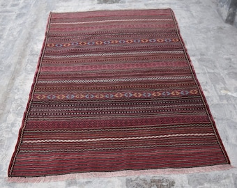 Handmade Afghan Kilim Rug, Tribal Wool, Pink 4x6 ft