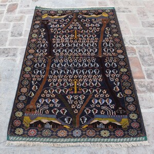 3&#39;1 x 5&#39;2 Feet, Beautiful handmade vintage afghan baluch tree of life rug, 100% wool tribal rug, Pictorial rug, Afghan rug, Vintage rug, 3x5