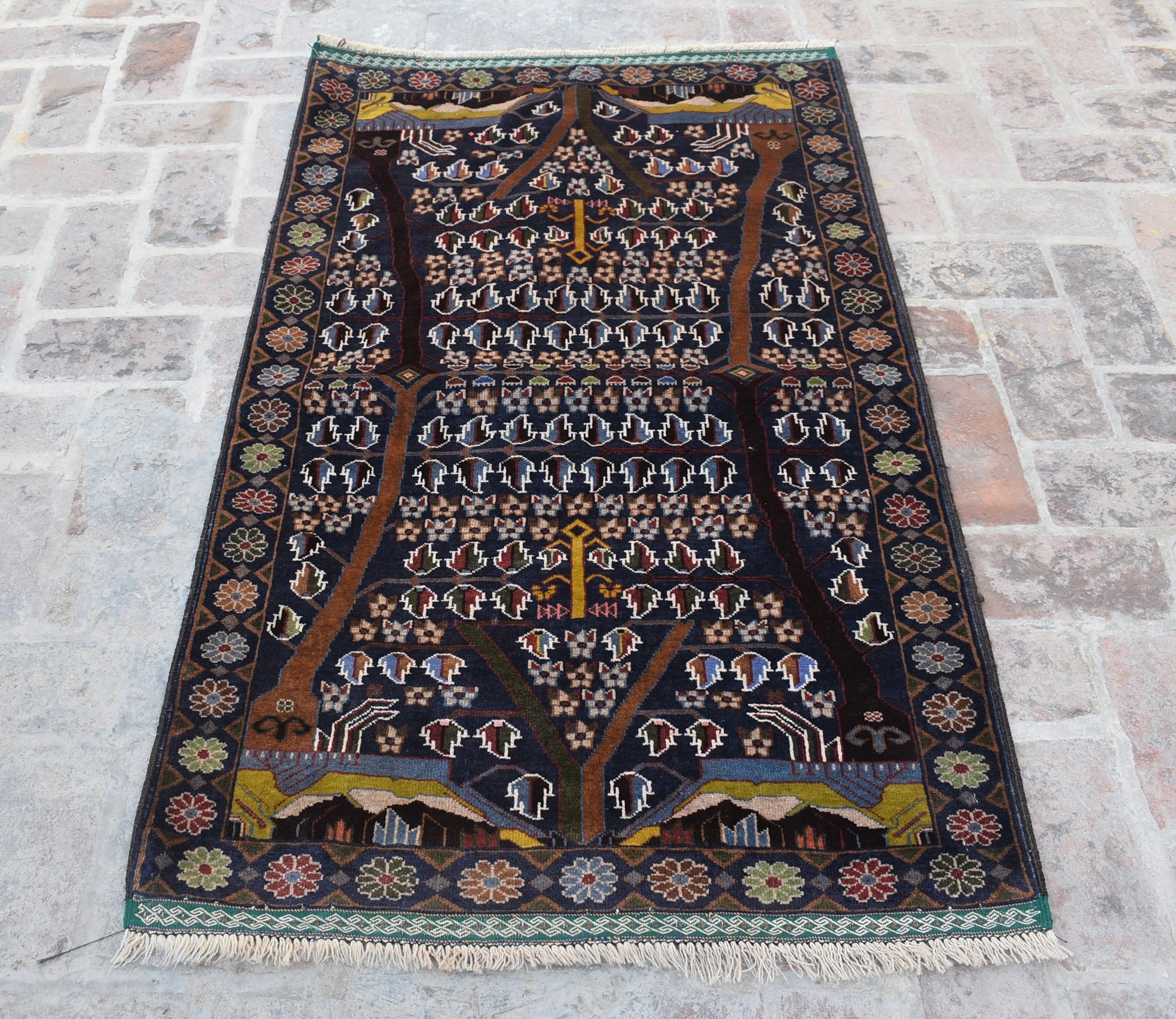 ハンドメイドウール製バルーチ族の生命の樹ラグ、アフガニスタン部族