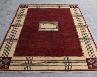 5x7 Hand Knotted Wool Oushak Rug, Turkmen Afghan Vintage Area Rug