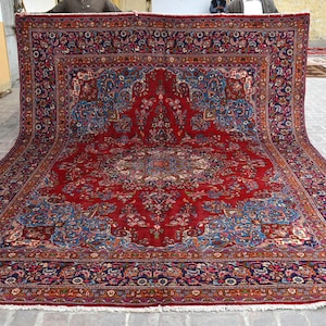 Large Area Rug 10x13 Vintage Red Caucasian Medallion Rug/ Tribal Hand-Knotted Wool Rug/ Antique Oriental Rug/ Afghan Rug/ Living Room Rug