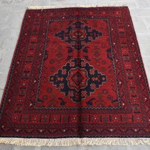 3&#39;6 x 4&#39;8 Ft, Beautiful handmade vintage afghan turkmen khal muhammadi rug, Best small red rug, Afghan rug, Vintage rug, Oushak rug, 3x5 rug